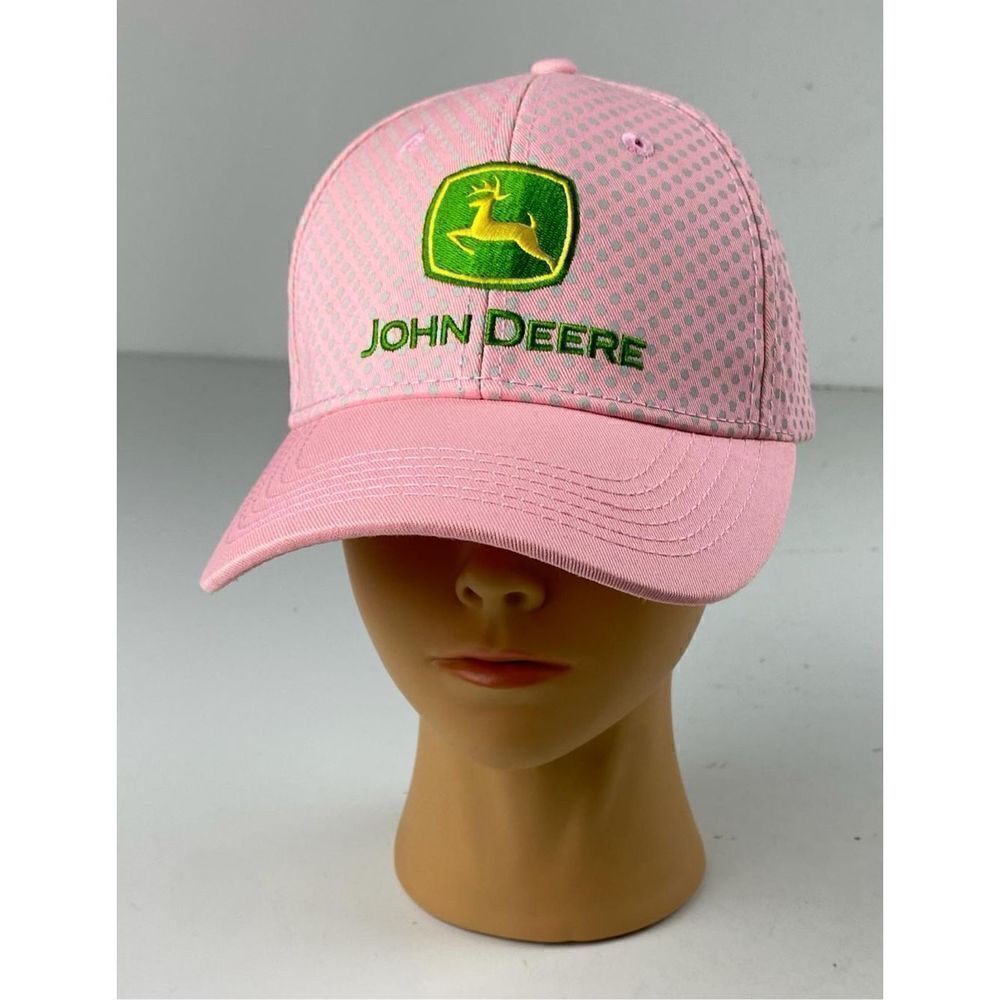 John Deere Adjustable Back Cotton Baseball Hat Cap One Size Pink Gray Polka Dots